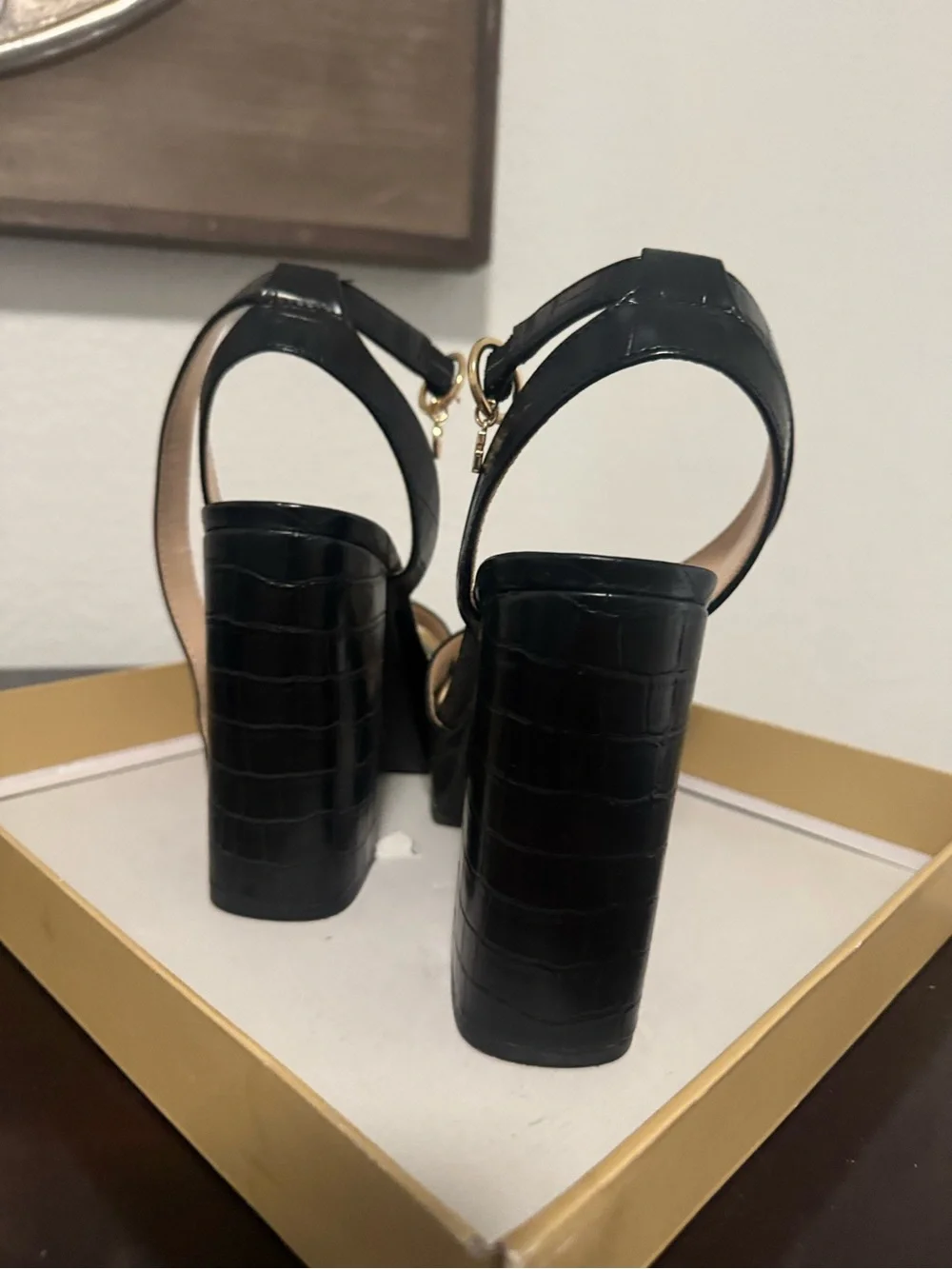 GUESS Black Croc-Embossed Platform Slingback Sandals with Gold Hardware